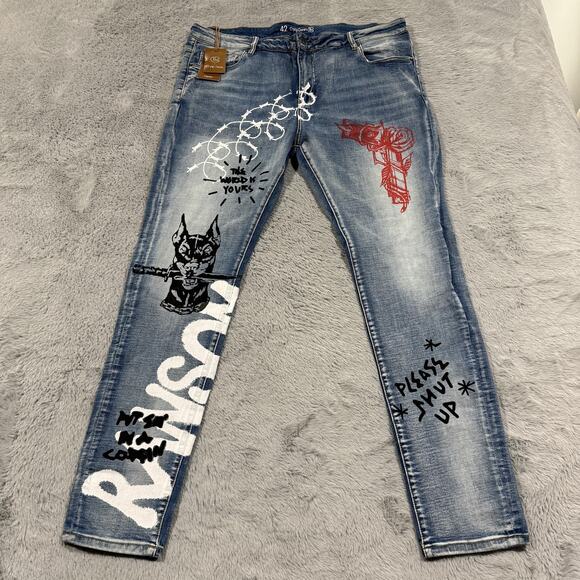 Crysp Denim Jeans Mens 42 Graffiti Art Graphic Distressed Pants Written Indigo 4 - Picture 1 of 16